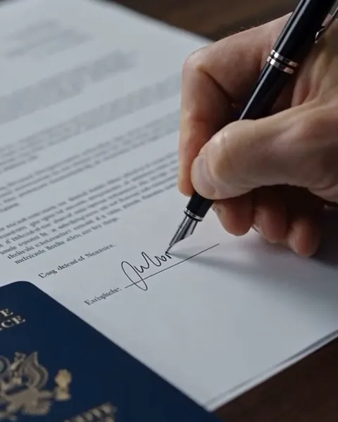 Signing a work permit application next to a passport
